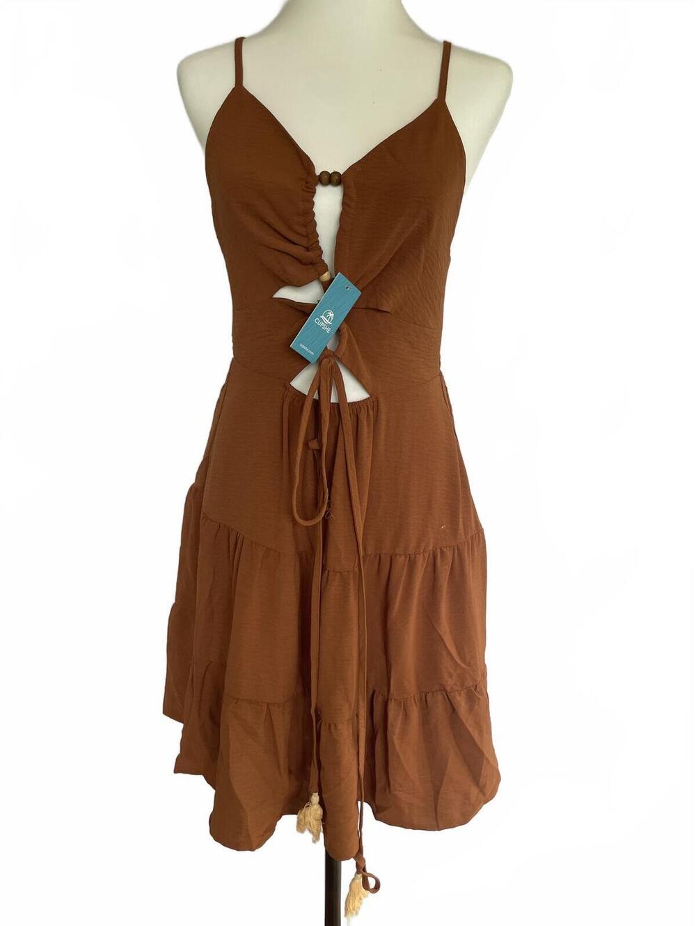 Cupshe Brown Cutout Midi Dress S NWT Beaded Tie Front 70s Boho Autumn Festival